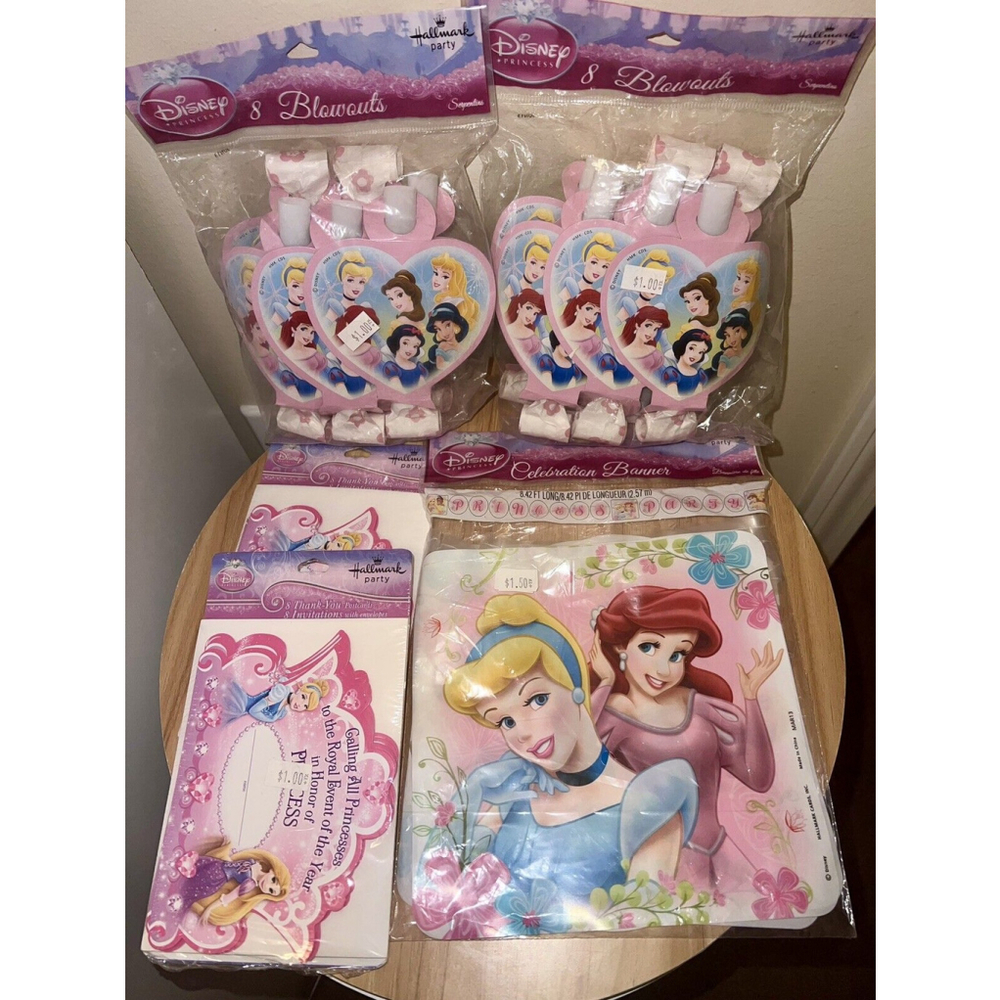 Disney Princess Birthday Party LOT Invitations Thank You Cards Blowouts & Banner